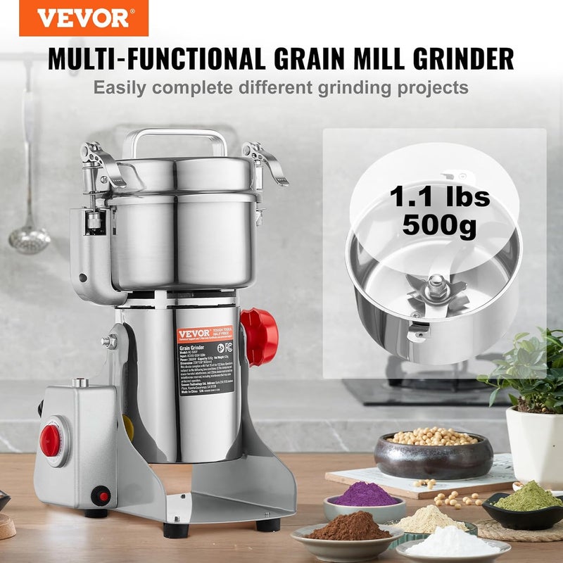 VEVOR 500g Electric Grain Mill Grinder, High Speed 2000W Commercial Spice Grinders, Stainless Steel Pulverizer Powder Machine, for Dry Grains Spices Cereals Coffee Corn Pepper, Swing Type - Image 2
